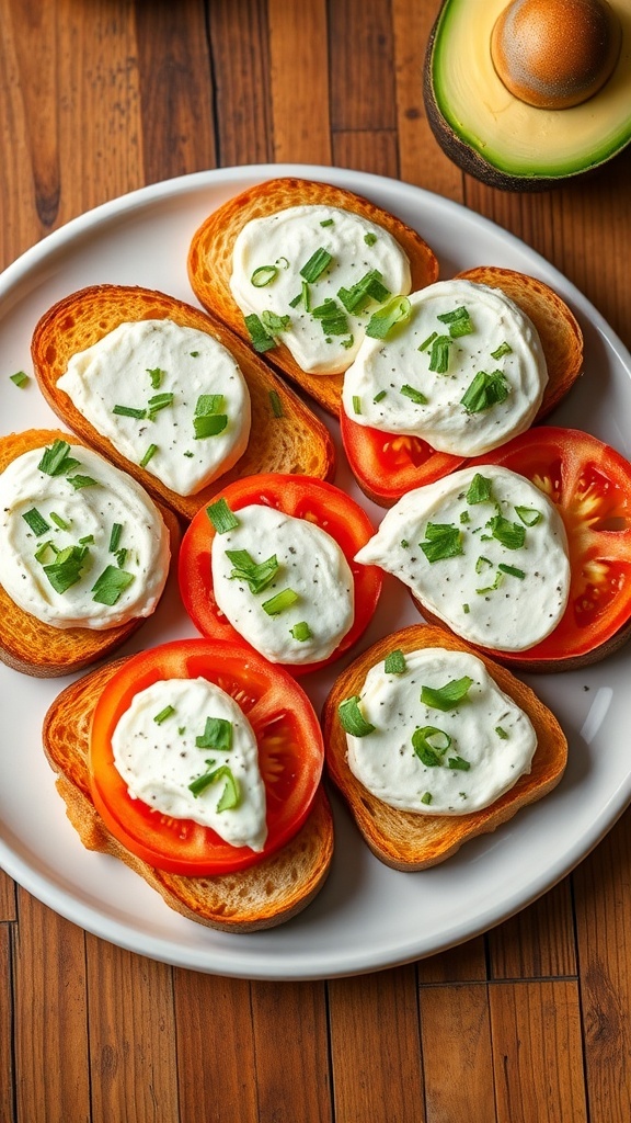 Castaspella toast with cheese, tomatoes, and avocado on a rustic wooden table.